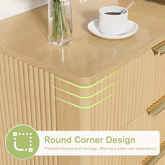 Boho Fluted 8 Drawer Dresser for Bedroom, Chest of Drawers with Solid Wood Legs, Modern Dresser Chest Cabinet Organizer with Golden Handles, Beside Table for Closet, Hallway, Bedroom