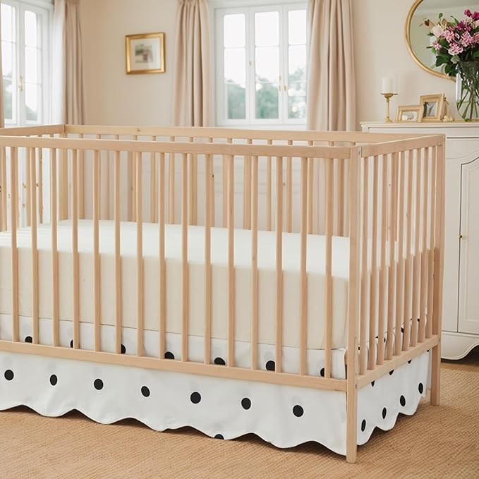 Brandream Scallop Edge Cotton Crib Skirt Toddler Bedskirt Baby Nursery Crib Bed Skirt Boho Bohemian Neutral Solid Color Cream Off White Farmhouse Chic Black Polka Dots Skirt
