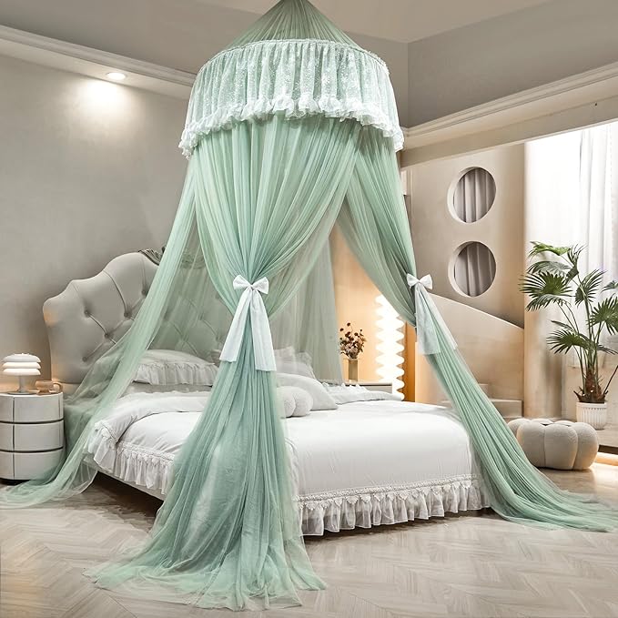 AIKASY Princess Bed Canopy for Girls – Double Layer Sheer Mesh Dome with Romantic Lace Trim, Dreamy Mosquito Net Tent for Twin/Full/Queen/King Beds(Mint Green)