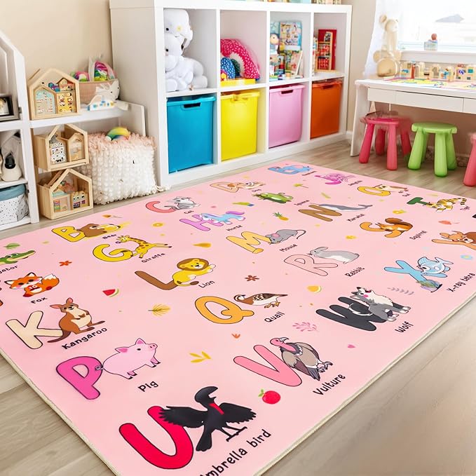 Kids Rugs for Playroom, 3x4 Feet Educational Rug for Learn The ABC Alphabet, Soft Machine Washable Non-Slip Cute Cartoon Animals Carpet for Classroom Toddler Nursery Kids Room Decor, Pink
