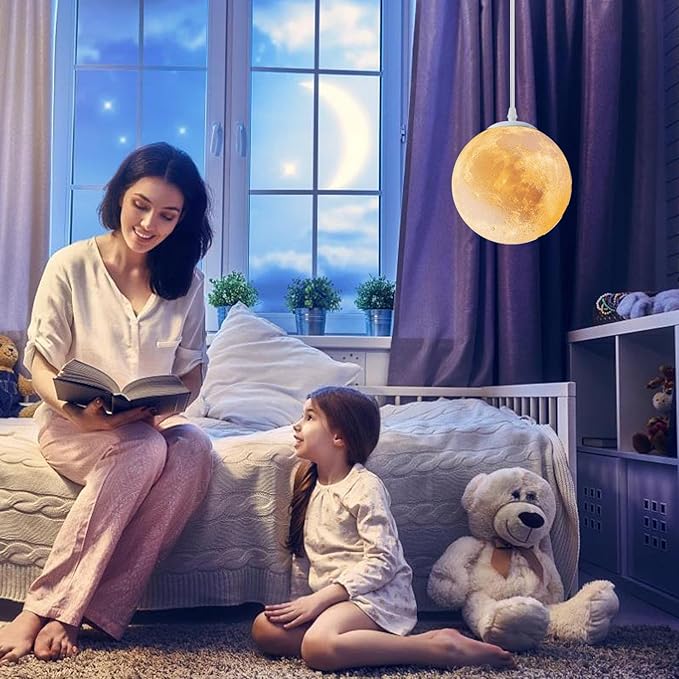 Plug-in Moon Pendant Light, Hanging Lamp with Switch & Cord, 3-Color Dimmable LED Ceiling Lamp for Kids’ Bedroom or Nursery, White Lunar Night Light (Warm,Neutral,White,LED Bulb Included)