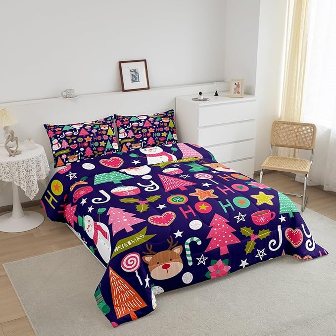 Merry Christmas Kids Comforter Set Full Size,Cartoon Santa Claus Snowman Bedding Set,Boys Girls Adults Room Decor,Pines Deer Cute Xmas Down Comforter,Colorful Romantic Duvet Insert,2 Pillowcases
