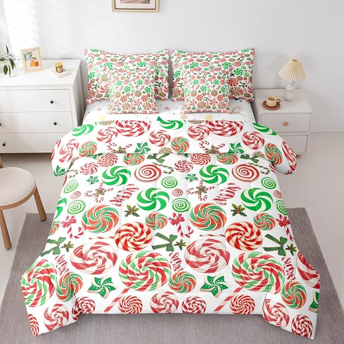 Christmas Candy Comforter Set With Sheets 7 Piece King Size Cute Bow Bed in a Bag Kids Boys Girls Red and Green Sweet Bedding Set Reversible Xmas Decor Bedroom Decor Breathable Soft Lightweight