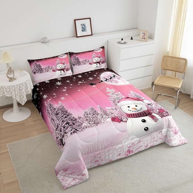 Feelyou Kids Merry Christmas Decorations Queen Size Comforter Set Xmas Snowman Bedding Set Girly Pink Quilt Set Soft Warm Lightweight Duvet Set