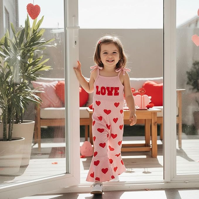 Toddler Baby Girl Valentines Day Outfit Love Sleeveless Tie-up Suspender Romper Bell Bottom Pants Spring Jumpsuit