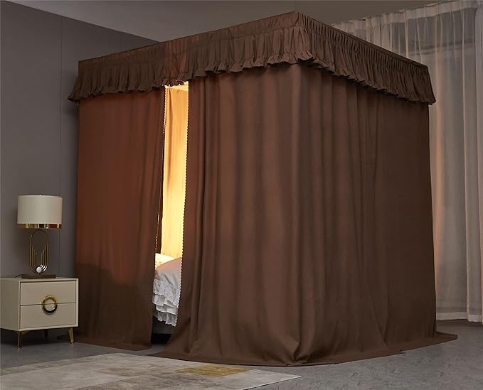VETHIN Elastic Roof Style Four Corner Post Princess Bed Canopy Curtains Cozy Breathable Tent Canopy Mosquito Net for Girls & Adults Bedroom Decoration (Brown, 47-53" W*78" L*82"*H/(Twin-Full))