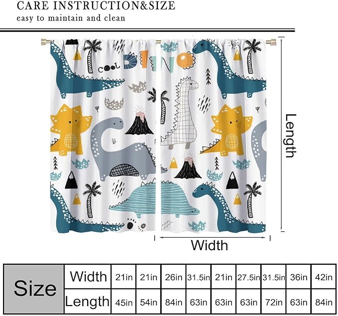 Dinosaur Curtains, Cartoon Dino Cute Safari Animal Print Pattern Blackout Window Treatments, Rod Pocket Thermal Insulated Drapes 2 Panel Sets for Kids Boys Bedroom Nursery Classroom, 63" W X 72" L