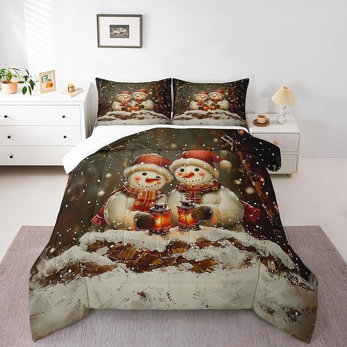 Manfei Kawaii Snowman Kids Comforter Set Twin Size,Dead Tree Winter Snow Romantic Bedding Set,Boys Girls Room Decor,Merry Christmas Down Comforter,Black White Duvet Insert,1 Pillowcase