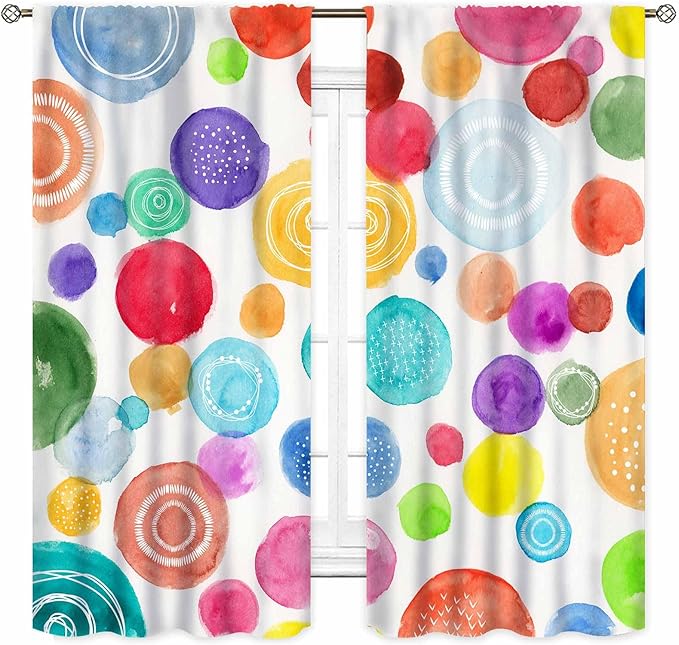 Colorful Curtains for Girls Bedroom, Watercolor Rainbow Cartoon Abstract Circle Polka Dots Splashes Cute Window Drapery for Kids Boys Girls Classroom Living Room Nursery 2 Panels, 63"x72" Inch