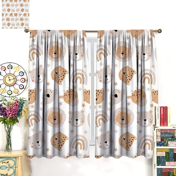 Cartoon Boho Animal Curtains,Funny Forest Safari Print,Cute African Wildlife Koala Giraffe Lion Leopard Bear Rainbow Blackout Window Drapes for Boys Girls Kids Baby Child Bedroom 63x63in