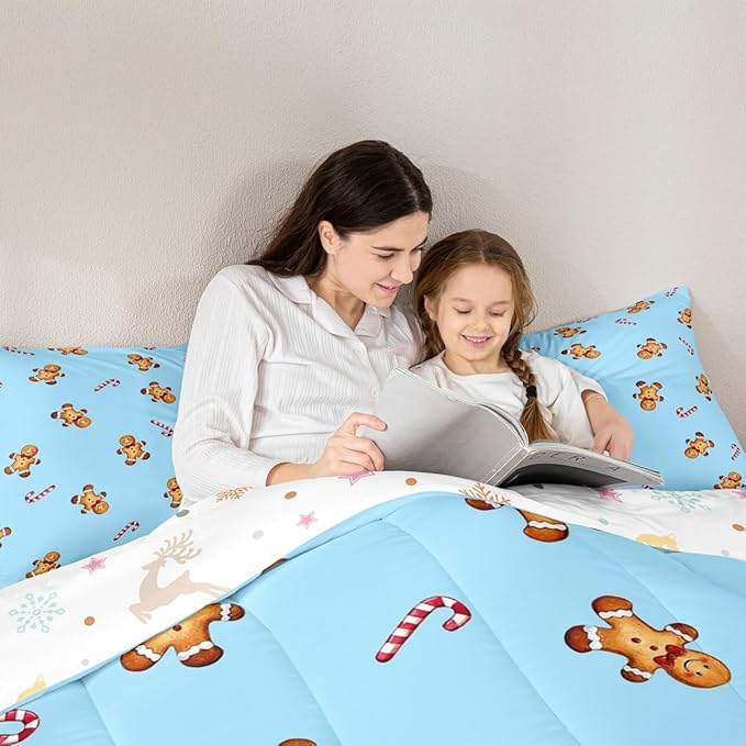 jejeloiu Kids Cute Gingerbread Man Comforter Set King Size Christmas Theme Bedding Set for Boys Girls Teens Xmas Candy Cane Happy New Year Duvet Quilt Room Decor