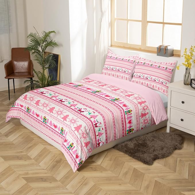 Christmas Comforter Cover Cartoon Santa Claus Snowman Bedding Set Pink Snowflake Christmas Tree Duvet Cover for Kids Boys Girls Microfiber Boho Stripes Bedspread Cover Room Decor Bedclothes Queen Size