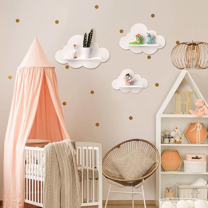 Tatuo 3 Pcs Floating Cloud Shelves for Wall White Wavy Small Floating Shelves for Bathroom Living Room Bedroom Corner Nursery Decor