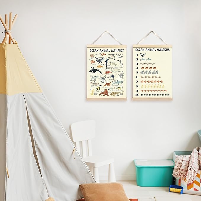 CGBHW Ocean Animal Alphabet Numbers Poster Hanger Frame Set of 2, Sea Marine Fish Species Construction Learning Posters Wall Art Hanging Decor for Toddler Boy Kids Room Playroom Nursery, 16x12 Inch