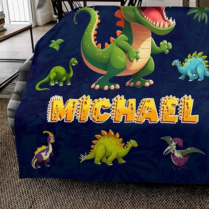 Ship Next Day, Custom Baby Blanket with Name for Boys Girls, Dinosaur Blankets, Personalized Name & Animals Blankets for Kids Teens, Christmas Birthday Gifts for Daughter Son Nephew Niece
