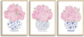 CHMMART 3 Piece Pink Floral Framed Wall Art Blue and White Chinoiserie Flower Canvas Art Prints Peony Pictures Wall Decor Painting Artwork for Living Room Bedroom Bathroom 12x16in