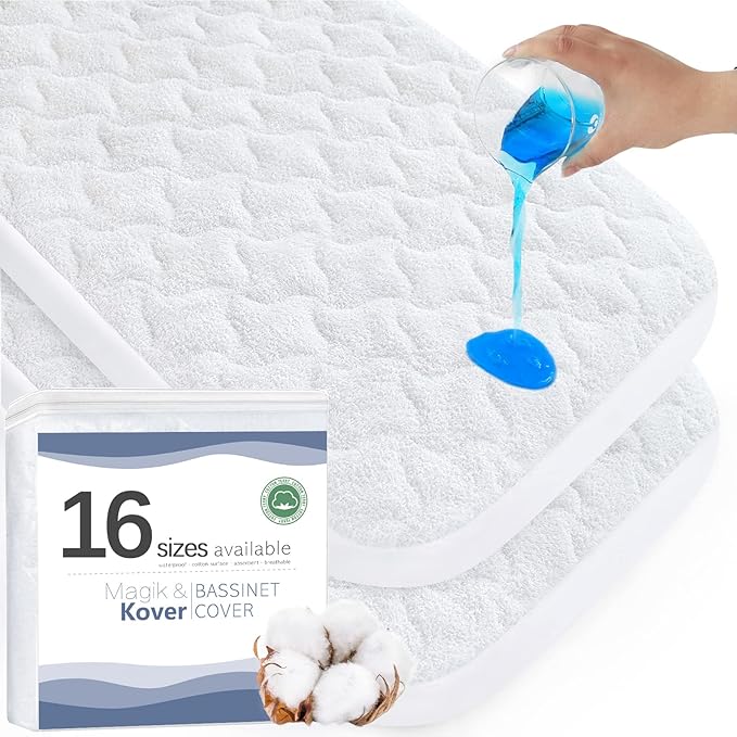 Bassinet Mattress Pad Cover Fit for AirClub, AMKE 3 in 1(21" x 35"), MiClassic, Milliard, Besrey, Evolur Stellar & GoFirst Bedside Crib, Waterproof Bassinet Mattress Protector, Cotton Terry Surface