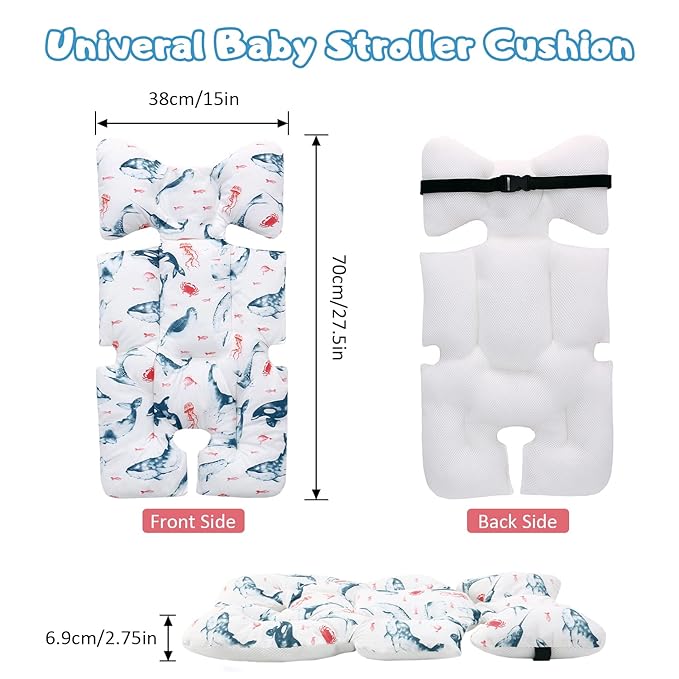 Baby Stroller Cushion, Universal Baby Seat Pad Liner for Stroller Reversible Soft and Breathable 3D Air Mesh Cotton Baby Stroller Seat Liner (Seaworld)