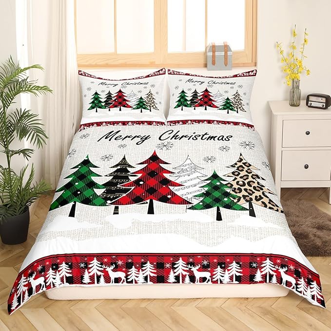 Manfei Xmas Trees Duvet Cover Set Twin Size, Merry Christmas Bedding Set 2pcs for Kids Boys Girls, Pine Trees Snowflake Deers Comforter Cover Soft Polyester Quilt Cover with 1 Pillowcase,No Comforter