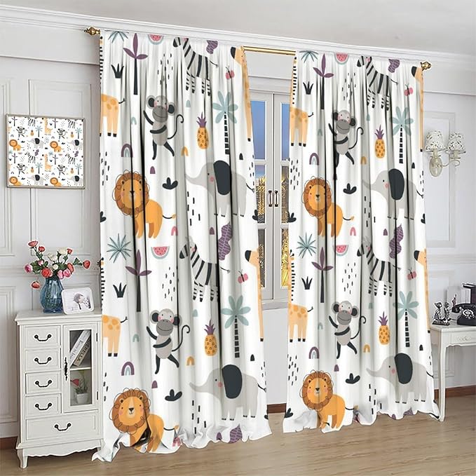 Cute Cartoon Animals Curtains Tropical Jungle Animals Elephant Giraffe Monkey Lion Modern Abstract Aesthetics for Kids Boys Bedroom Nursery Rod Pocket Decoration Window Drapes 2 Panels W31.5xL63in
