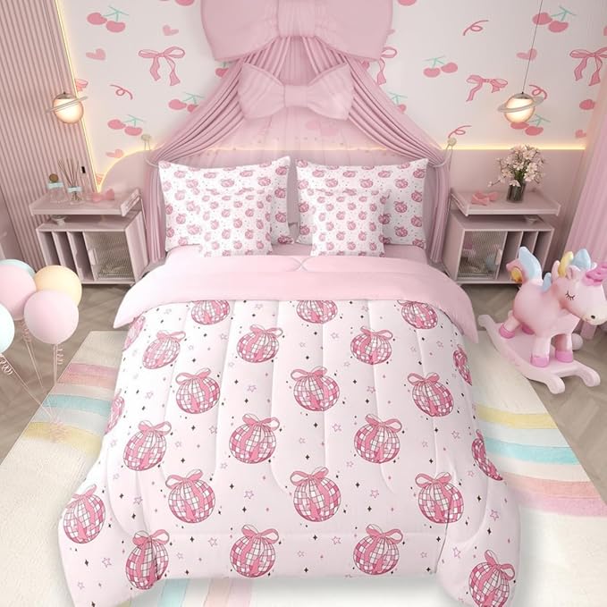 7 Pieces Bowknot Princess Kid Comforter Queen,Disco Crystal Ball Western Cowgirl Bedding Set,Star Bow Tie Sweet Romantic Pink Dreamy（Comforter+Fitted+Flat Sheet+2 Pillowcases+2 Throw Pillow Covers）