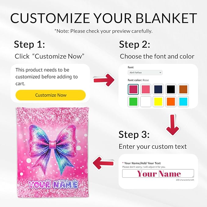 Custom Bow Blanket for Girls - 30 x 40 Inches Lap Size - Soft Fuzzy Plush Throws Decor Gift - Pink Cute Throw Blankets Stuff for Crib, Office