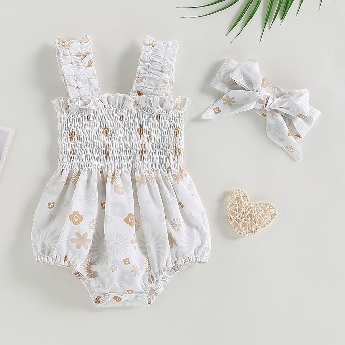 Newborn Baby Girl Bodysuit Sleeveless Halter Frill Romper One-piece Jumpsuit with Headband Summer Clothes Set