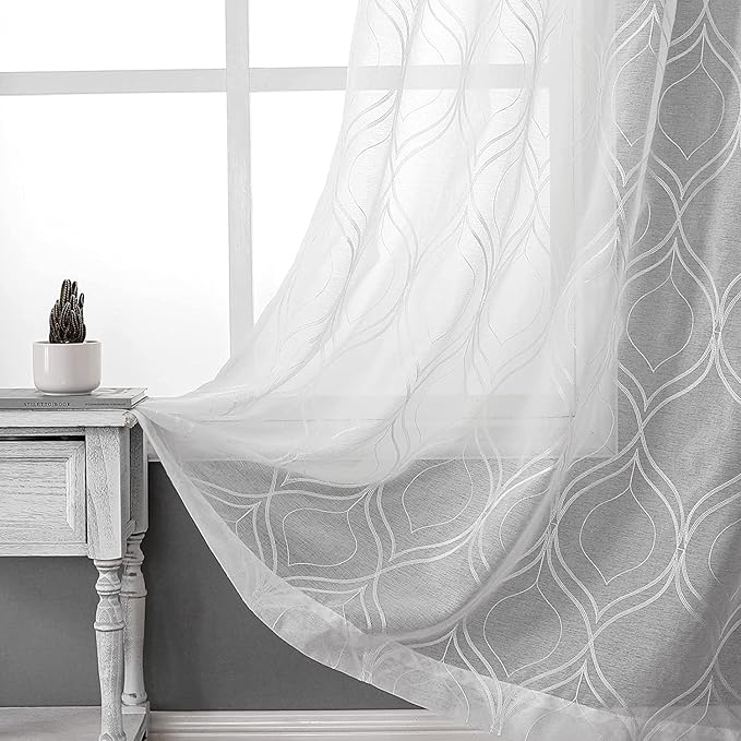 VISIONTEX White Sheer Curtains 72 Inches Long 2 Panels Set Moroccan Embroidered Curtains Trellis Decor French Textured Rod Pocket Voile Tulle Semi Window Drapes for Bedroom Living Room 54 x 72 Inches