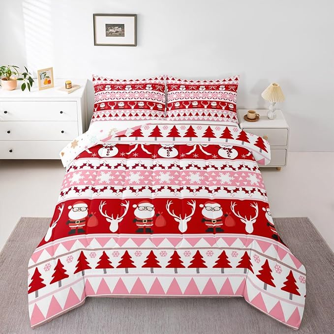 Feelyou Merry Christmas Tree Kids Comforter Set Toddler Size Cute Snowman Bedding Set Santa Claus Duvet Quilt for Kids Boys Girls Bedroom Cartoon Bowknot Decor Microfiber Ultra Soft Breathable