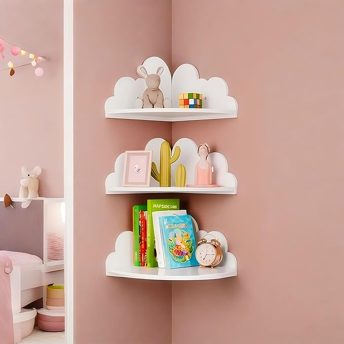 Cloud Wall Shelf Set of 3 Corner Hanging Shelf Nursery Book Shelf, Scalloped Design, Safe and Non-Toxic Sheet Wall-Mounted Background for Kids Bedroom, Toddler Room, Baby Room Decor