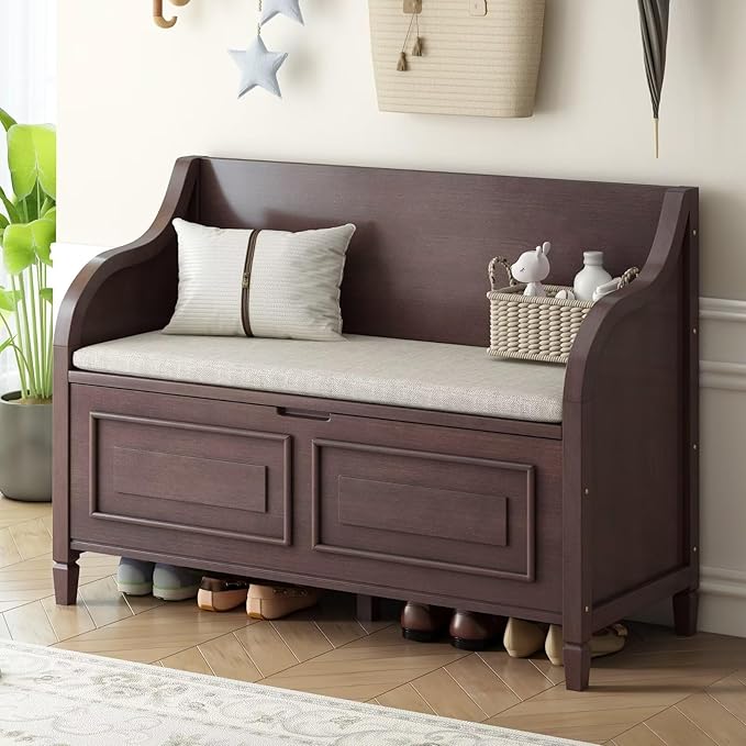 Merax Storage Bench, 41.9” Solid Wood Storage Chest with Backrest and Safety Hinge, Large Storage Space Bench with Upholstered Cushions,Supports 250 lb and Easy Assembly for Small Space, Espresso