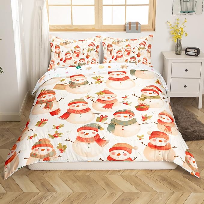 Manfei Cute Snowman Duvet Cover Set Queen Size, Christmas Theme Bedding Set for Kids Kids Girls Room Decor, Western New Year Comforter Cover, Lightweight Bedspread Cover, 2 Pillowcases, No Comforter