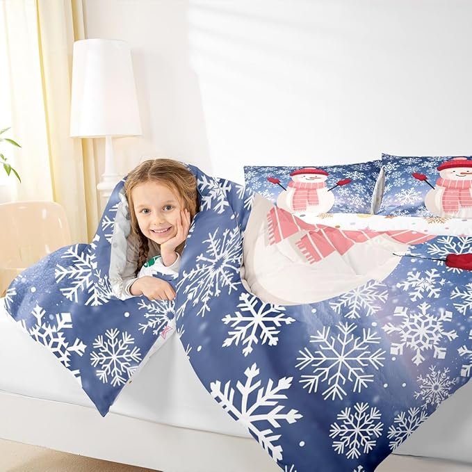 Feelyou Christmas Kids Comforter Set Toddler Size Snowman Purple Blue Gradient Bedding Set Xmas Snowflakes Duvet Quilt for Kids Boys Girls Bedroom Winter Snow Decor Microfiber Ultra Soft Breathable