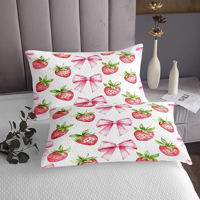 Pink Bowknot Kids Bedspread Twin Size,Strawberry Summer Fruit Cartoon Cute Coverlet Set,Girls Women Room Decor,Bow Tie Butterfly Knot Princess Quilted Coverlet,Unique Bedding Quilt,1 Pillowcase