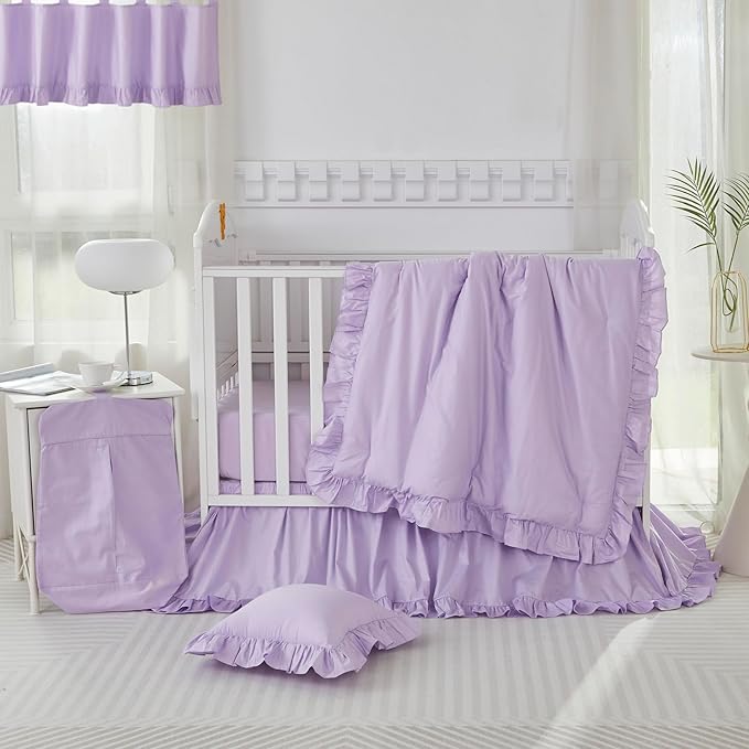 Brandream Farmhouse Crib Bedding Sets for Girls | 3 Piece Boho Chic Nursery Set Purple Baby Comforter, Fitted Crib Sheet, Crib Skirt Included, 100% Percale Cotton