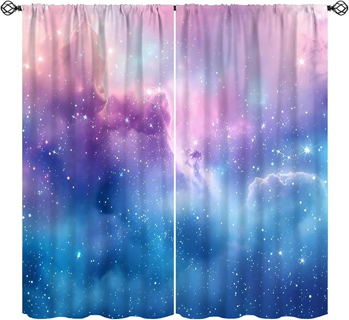 Starry Sky Galaxy Curtains, Outer Space Glitter Dreamy Gradient Romantic Blackout Window Curtains Drapes for Kids Girls Boys Adults Bedroom Nursery 63" W X 72" L