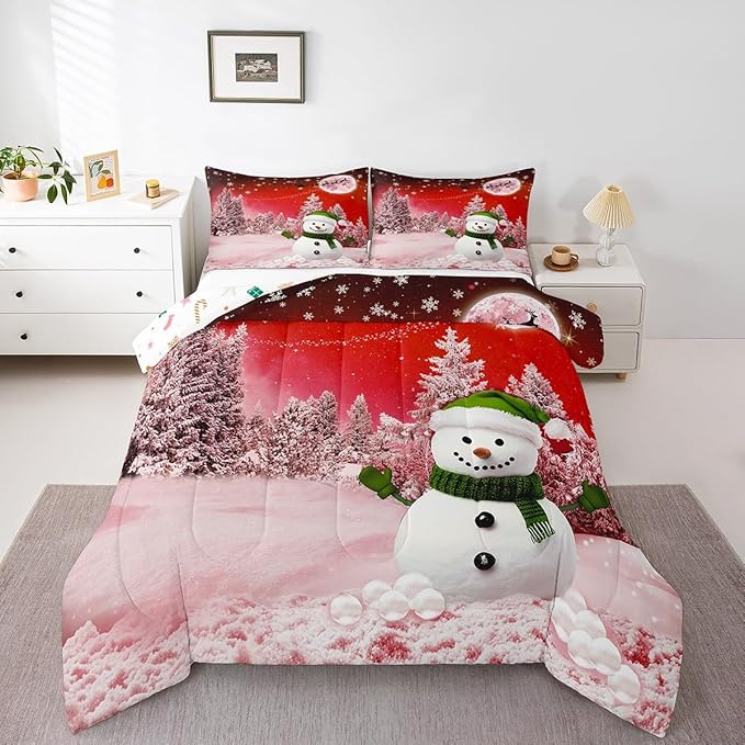 Feelyou Kids Merry Christmas Decorations King Size Comforter Set Xmas Snowman Bedding Set Red Quilt Set Soft Warm Lightweight Duvet Set