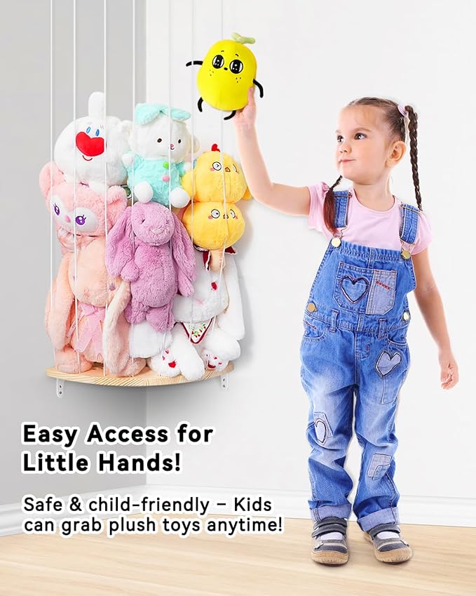 Corner Stuffed Animal Storage Net - Heigh Adjustable Wood Stuffed Animal Organizer - Large Wall Plush Holder Teddy Bear Storage for Bedroom Kids Room Nursery Decor