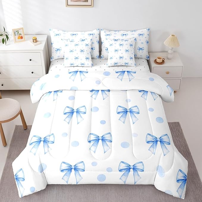 7 Pieces Blue Bowknot Kids Comforter King Size,Geometric Dots Bow Tie Patchwork Romantic Bedding Set,Bow Knot Princess Cute White Chic（Comforter+Fitted+Flat+2 Pillowcases+2 Throw Pillow Covers）