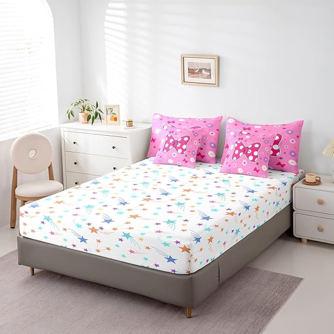 7 Pieces Pink Bowknot Kids Comforter Set Twin,Daisy Flowers Geometric Dot Patchwork Bedding Set,Bow Tie Cute Princess Dreamy Chic（Comforter+Fitted+Flat Sheet+2 Pillowcases+2 Throw Pillow Covers）