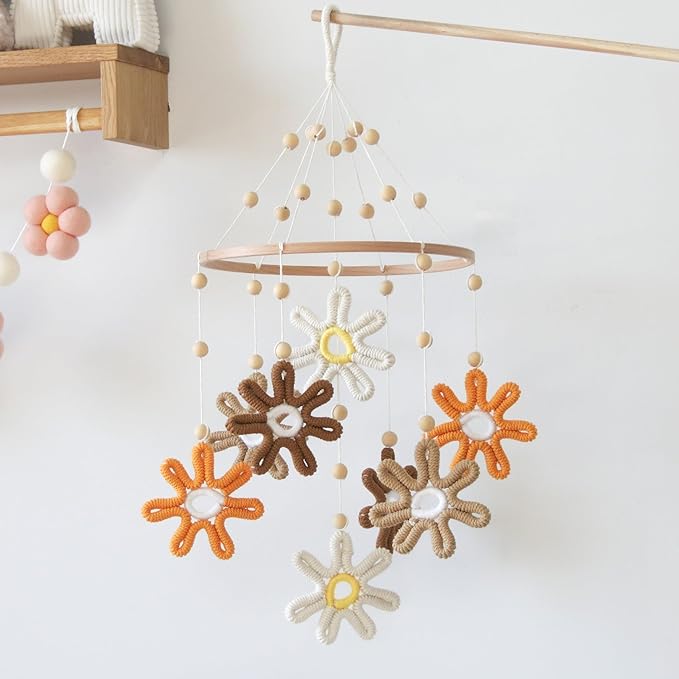Woven Daisy Crib Mobile for Girls Boys, Daisy Mobile for Crib Boho Baby Mobile Daisy Flower Mobile for Crib Girl