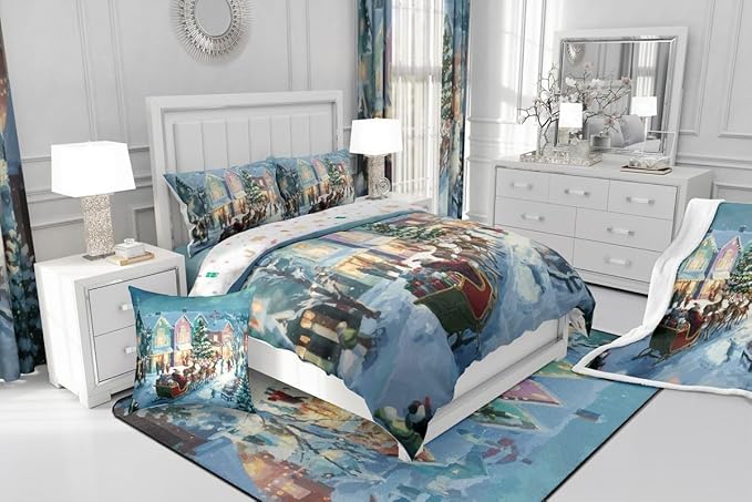 Feelyou Watercolor Christmas Comforter Set King Size Santa Claus Bedding Set for Kids Boys Girls Reindeer Sled Duvet Quilt Xmas Tree Bedroom Decor Microfiber 3 Pcs with 2 Pillow Cases
