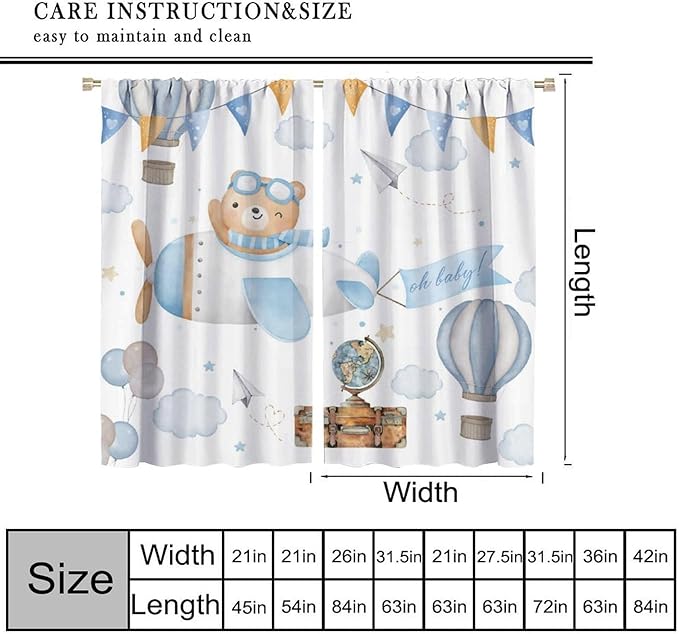 Blue Bear Curtains, Cute Lovely Bear Adventure Airplane Cloud Pastel Blackout Window Treatments, Rod Pocket Thermal Insulated Drapes 2 Panel Sets for Kids Bedroom Nursery Classroom, 42"W X 45"L
