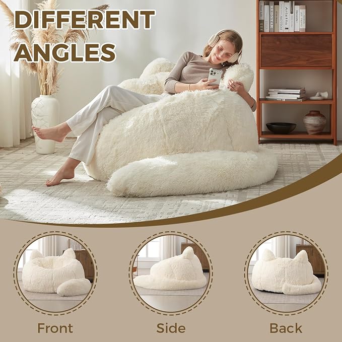 Bean Bag Chair for Adults Teen,Giant Bean Bag Chairs Cat Design,Plush Faux Fur Beanbag Couch Comfy Accent Floor Sofa for Reading, Playing, Relaxing in Living Room, Bedroom