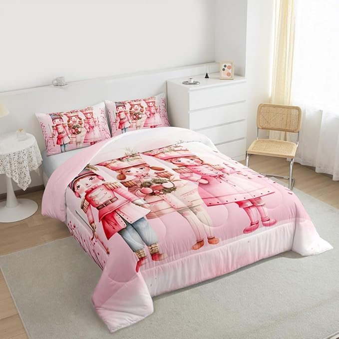 Feelyou Christmas Decor Nutcrackers Bedding Set Soft for Boys Girls, Pink Christmas Comforter Set Full Size Pink Nutcrackers Duvet Quilt Berries Printed Room Decor Kawaii 3 Pcs with 2 Pillow Cases