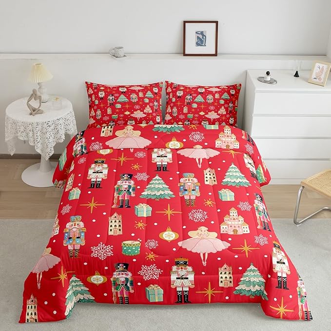Erosebridal 7Pcs Red Christmas Comforter Set Twin Size,Christmas Nutcracker Bedding Set,Girly Dreamy Princess Bed in A Bag,Xmas Pine Tree Snowflake Quilt with Flat Fitted Sheet,Red