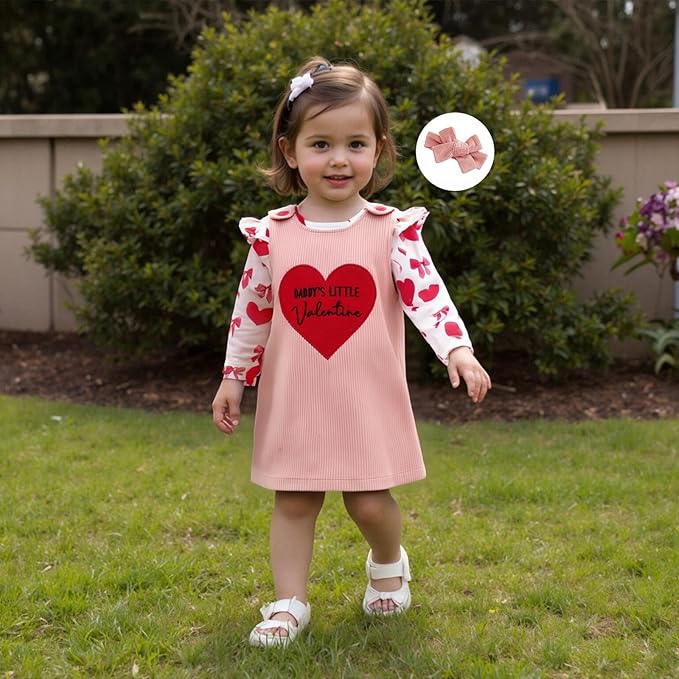 FIOMVA My First Valentines Day Outfit Clothes Baby Girl Romper Love Onesie Heart Embroidery Overalls Suspender Dress Set