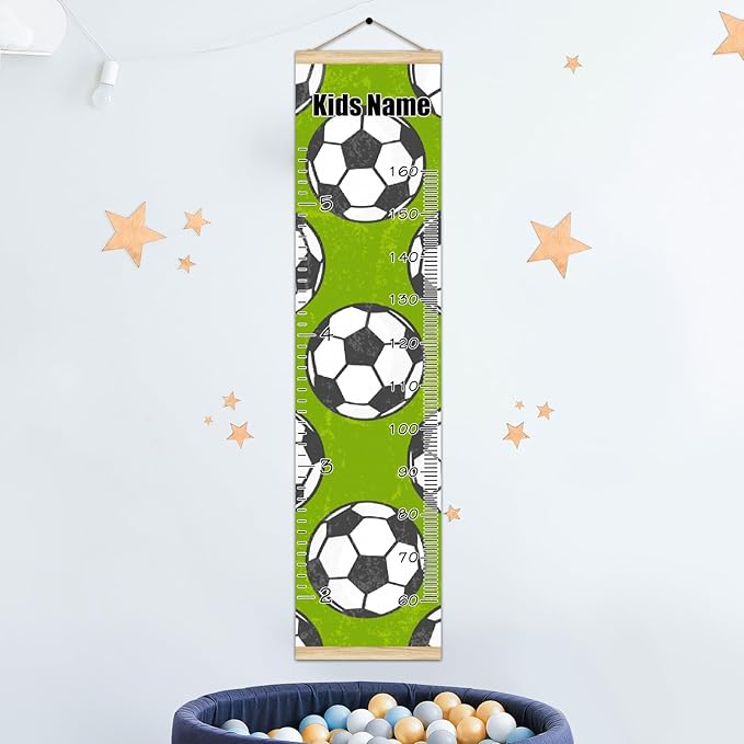Personalized Kids Name Growth Chart Ruler for Wall Wood Frame Height Measure Chart 13.4x56 in Linen Hanging Height Growth Chart Football Soccer Green Kids Room Decor