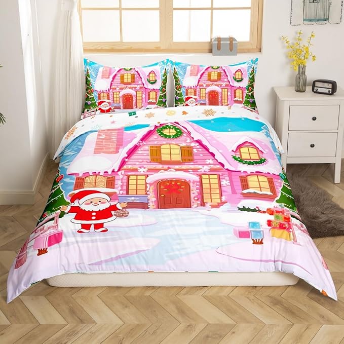 Feelyou Merry Christmas Pink Comforter Cover Set Cartton Cute Santa Claus Bedding Set King Size for Kids Boys Girls Bedroom Bed Decor Xmas Duvet Cover Set Soft Quilt Cover,No Comforter