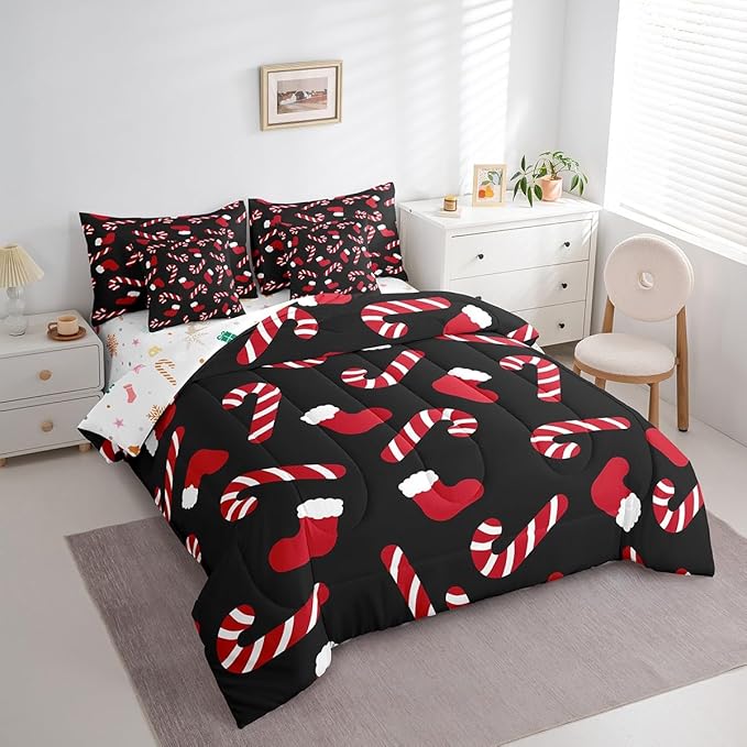 Merry Christmas Kids Bedding Set Xmas Theme Comforter Set with Sheets for Boys Girls Christmas Stockings Candy Decor Bed in a Bag Red Black Xmas Theme Bed Set 7Pcs Queen Size